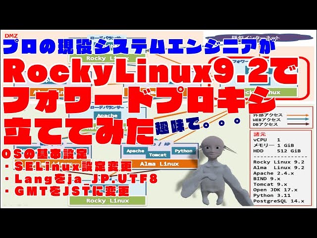 【IT関連動画まとめ】#003【Linux サーバー構築】Rocky Linux 9.2 上に Apache を使ってフォワードプロキシを立てる。今回は、SELinux設定変更、英語環境を日本語化、GMTをJSTに変更する